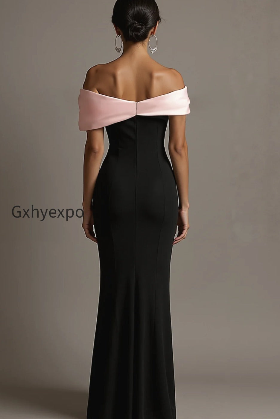black-and-pink-satin-off-the-shoulder-sheath-long-evening-dress