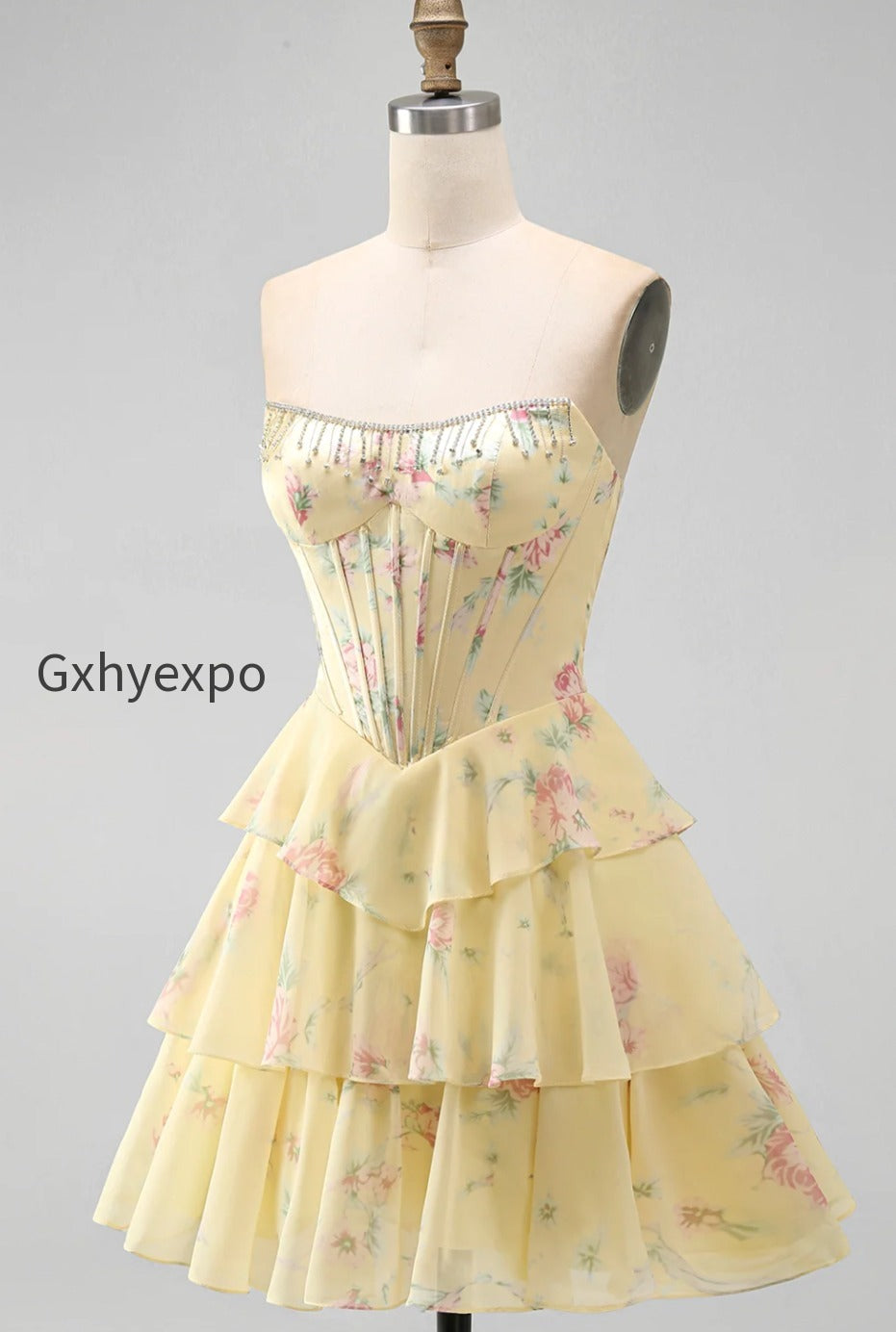 yellow-a-line-floral-corset-short-fringed-strapless-homecoming-dress-with-ruffles
