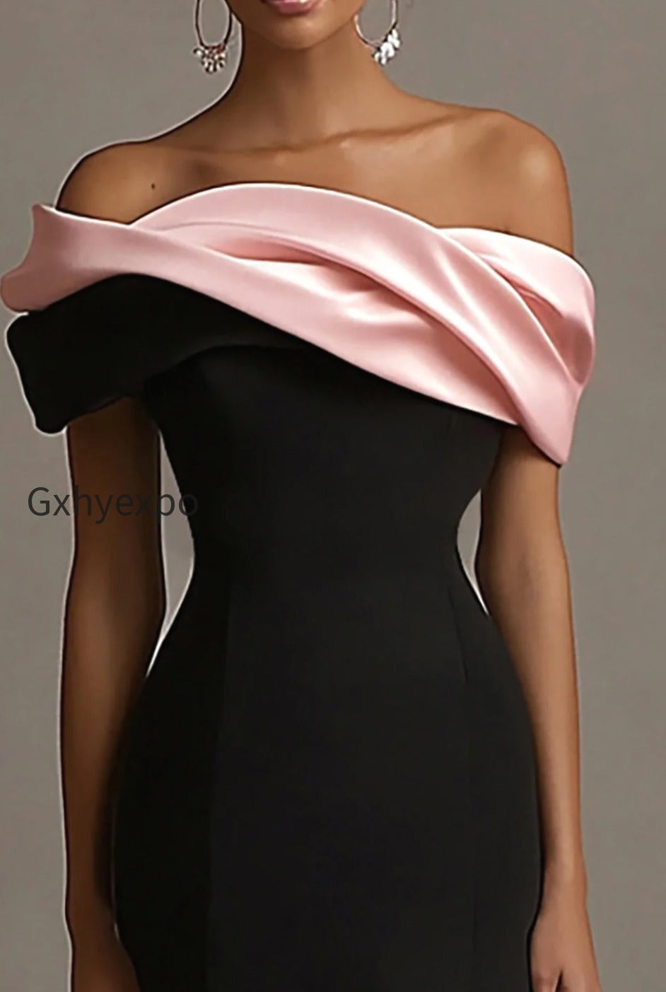 black-and-pink-satin-off-the-shoulder-sheath-long-evening-dress