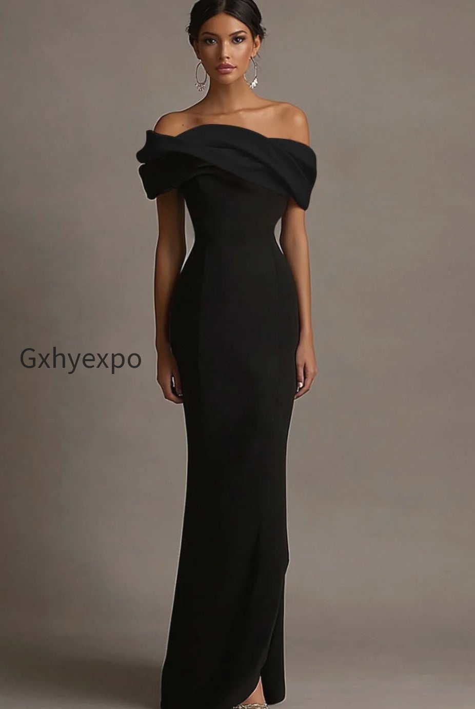 black-and-pink-satin-off-the-shoulder-sheath-long-evening-dress