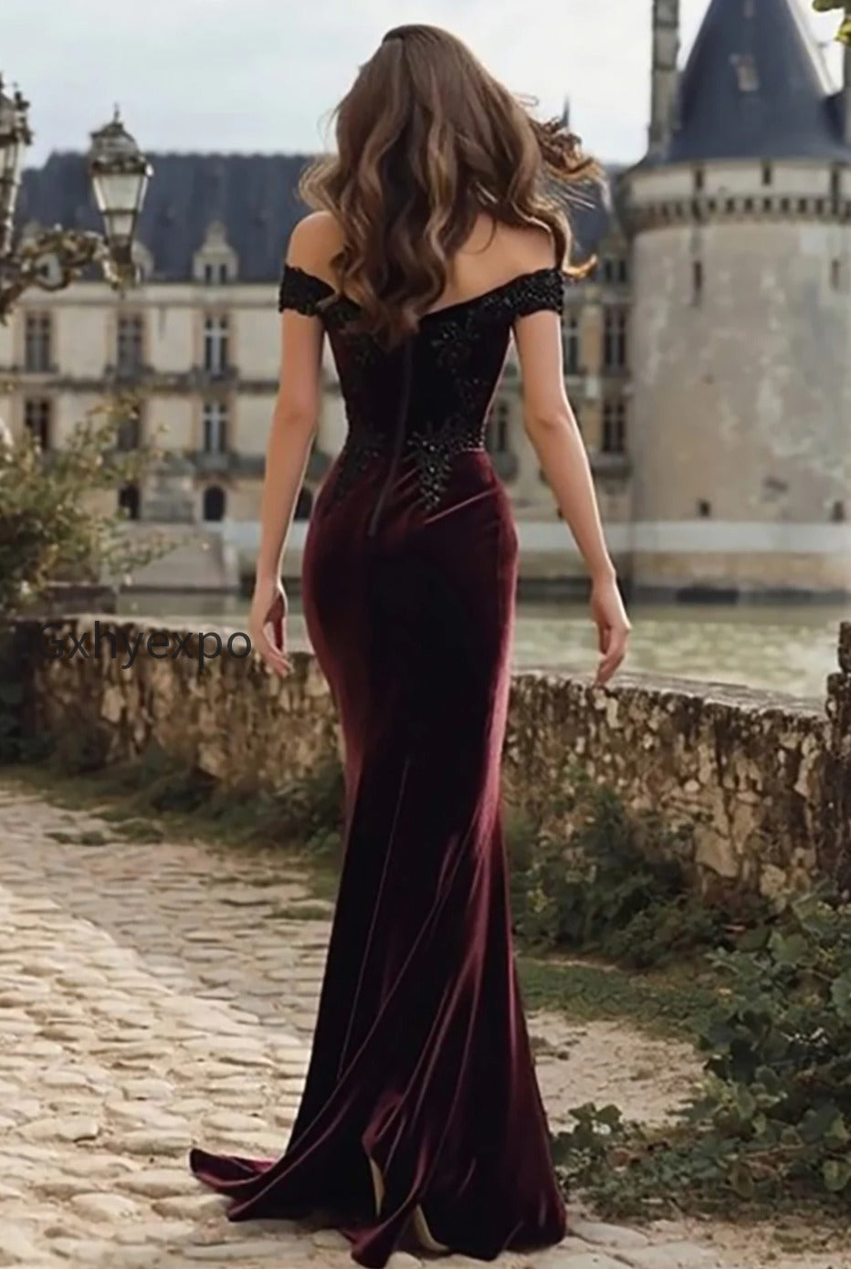burgundy-velvet-appliqued-mermaid-long-holiday-party-dress-with-slit