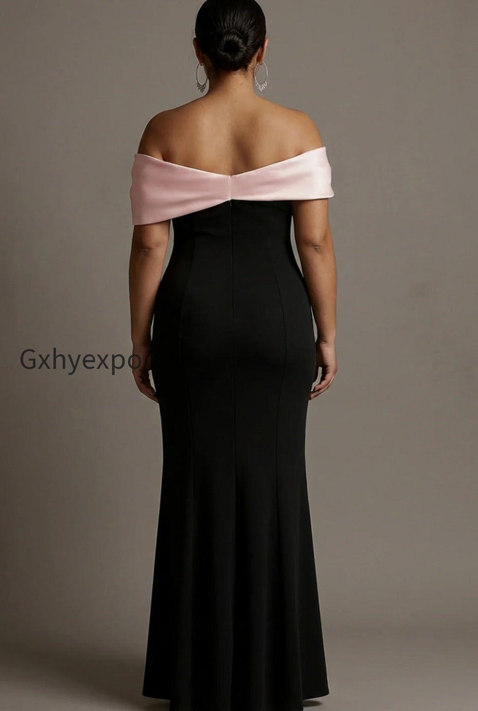 black-and-pink-satin-off-the-shoulder-sheath-long-evening-dress