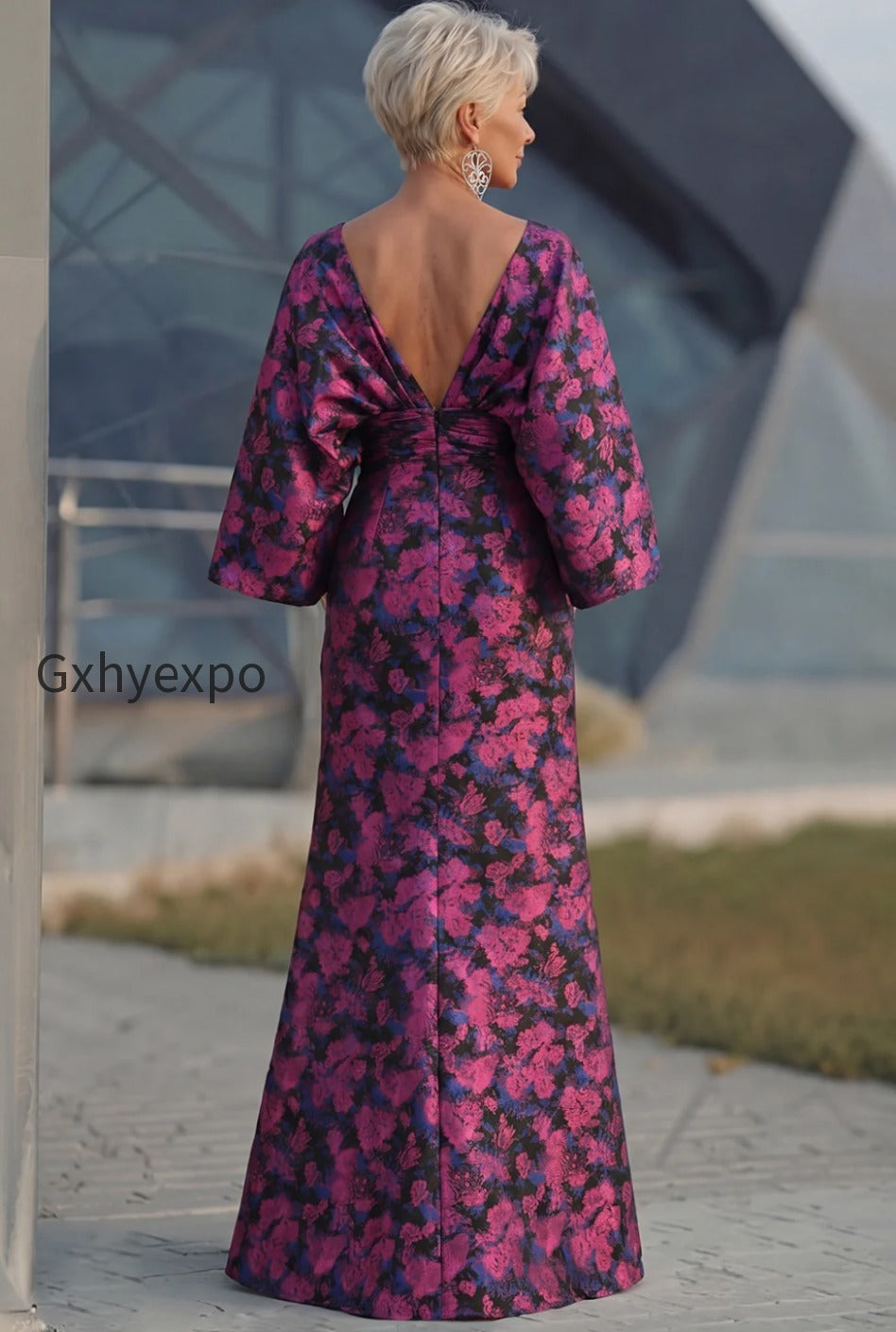 floral-fuchsia-sheath-ruched-long-mother-of-the-bride-dress-with-sleeves