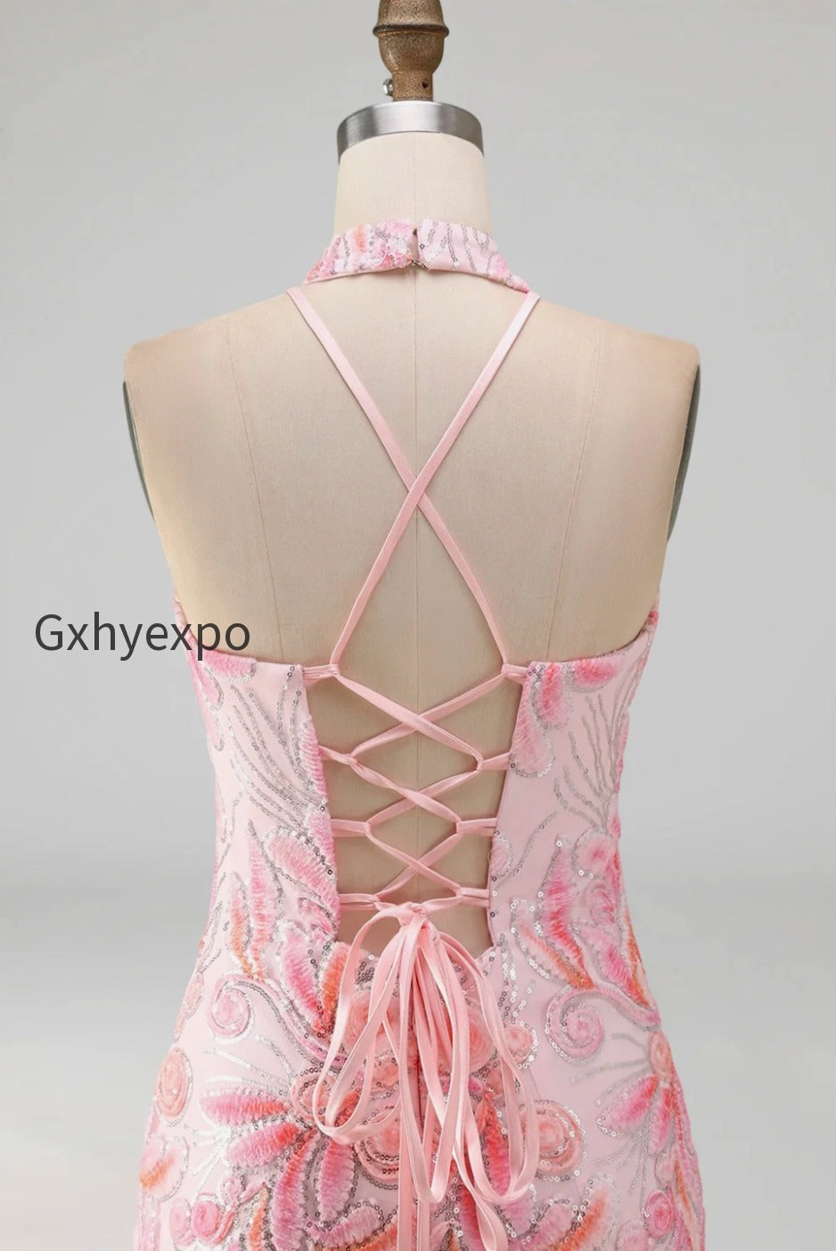 sparkly-pink-floral-halter-sequin-tight-short-homecoming-dress