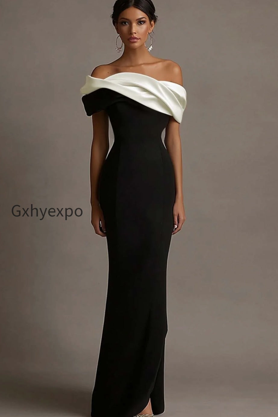 black-and-pink-satin-off-the-shoulder-sheath-long-evening-dress