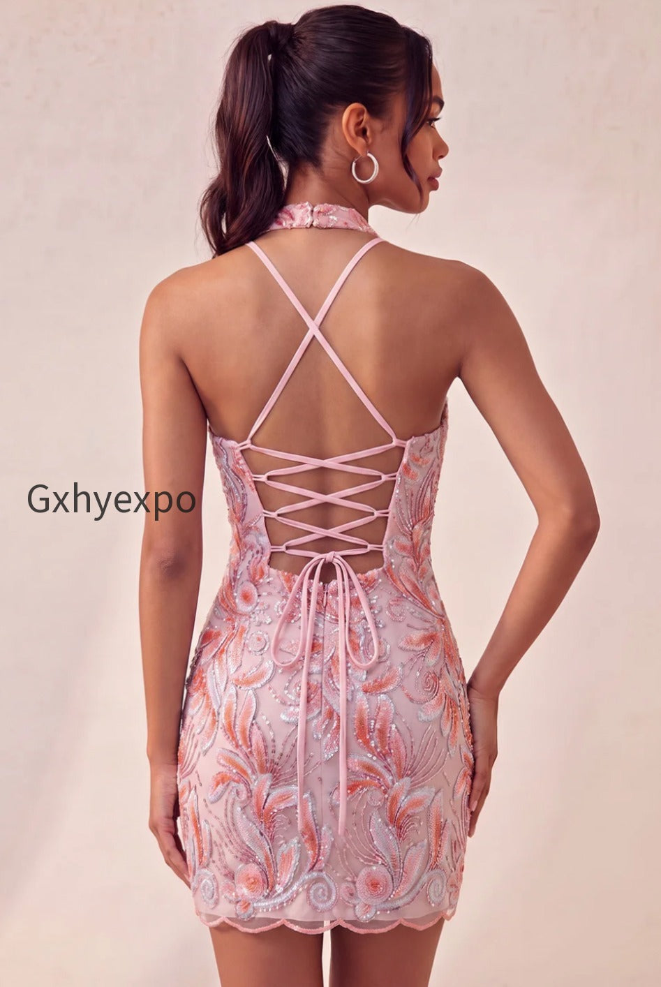 sparkly-pink-floral-halter-sequin-tight-short-homecoming-dress
