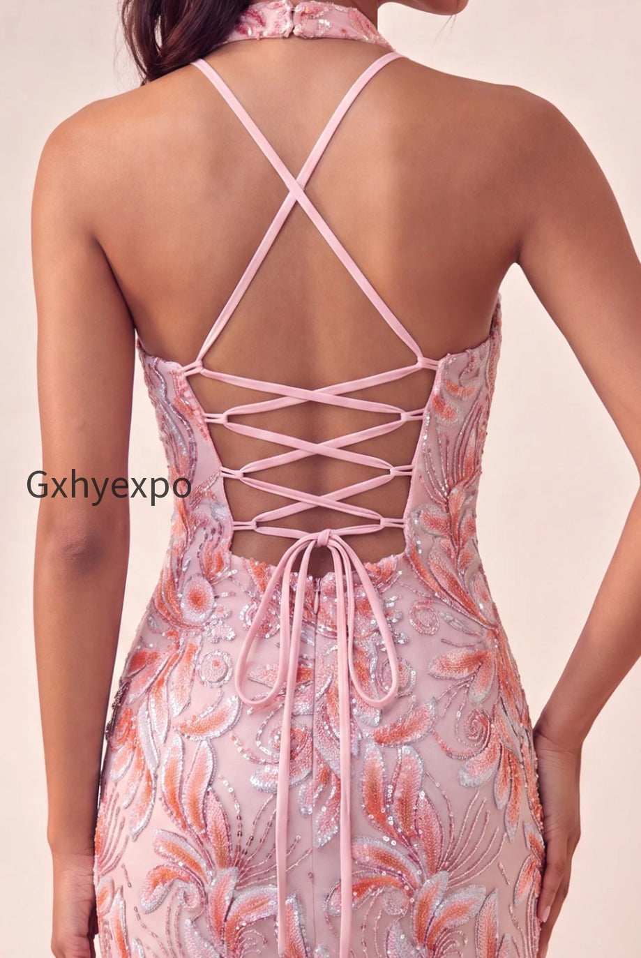 sparkly-pink-floral-halter-sequin-tight-short-homecoming-dress