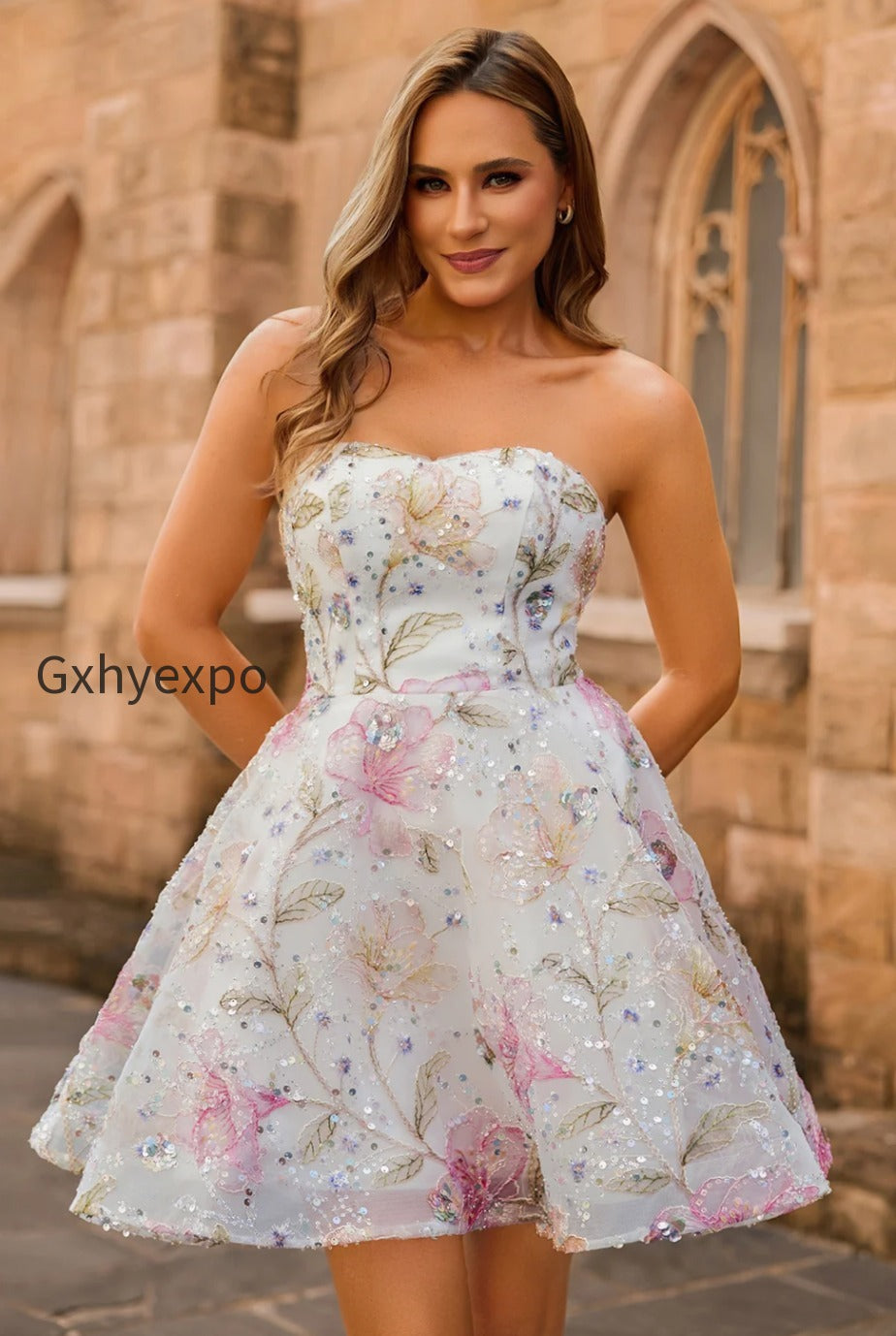 sparkly-pink-floral-short-a-line-homecoming-dress