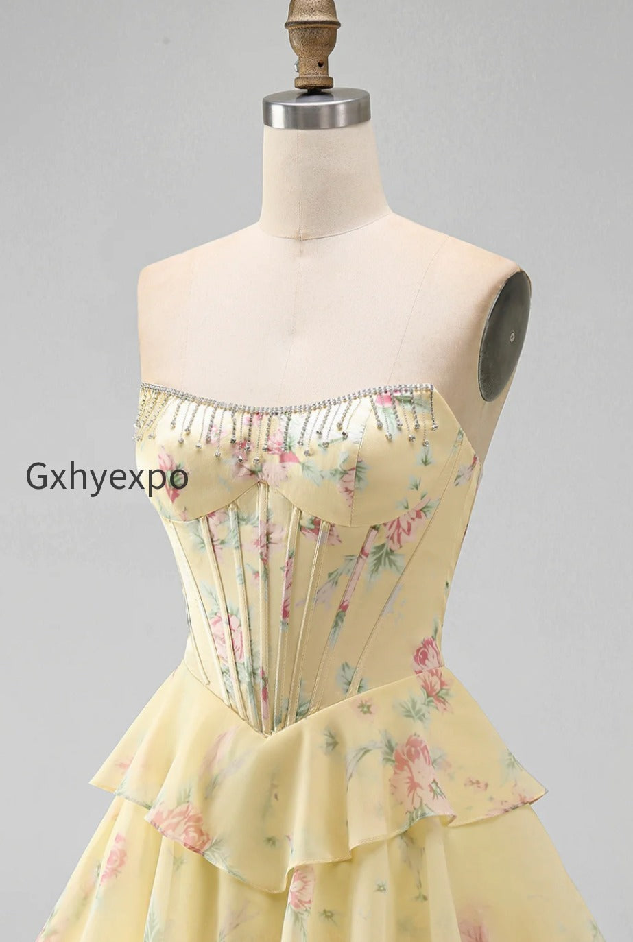 yellow-a-line-floral-corset-short-fringed-strapless-homecoming-dress-with-ruffles