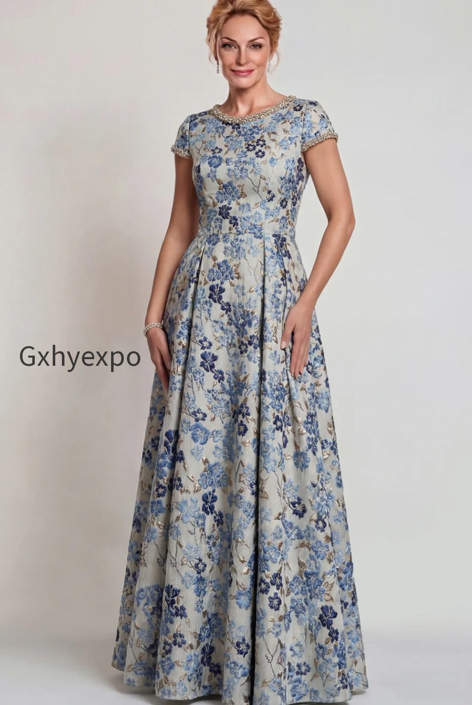 grey-blue-floral-jacquard-a-line-long-mother-of-the-bride-dress-with-sleeves