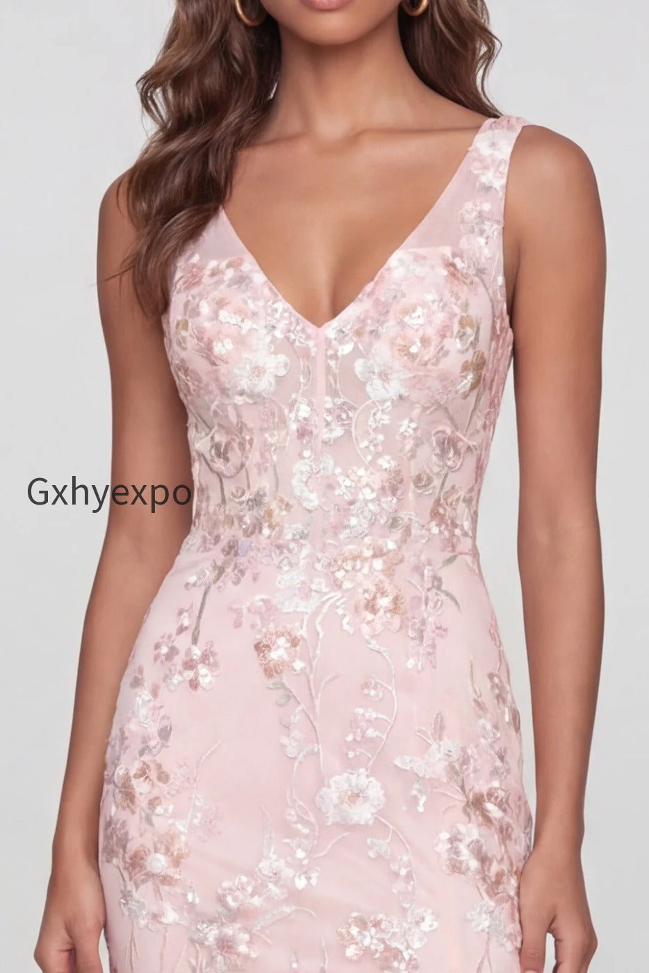 pink-floral-v-neck-mermaid-long-wedding-guest-dress-with-slit