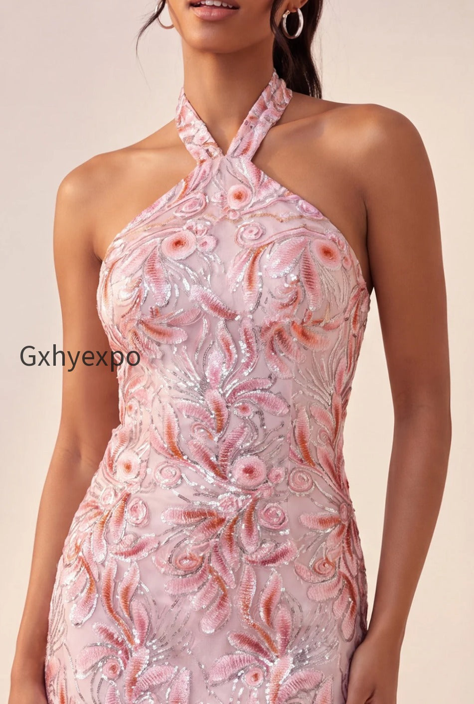 sparkly-pink-floral-halter-sequin-tight-short-homecoming-dress