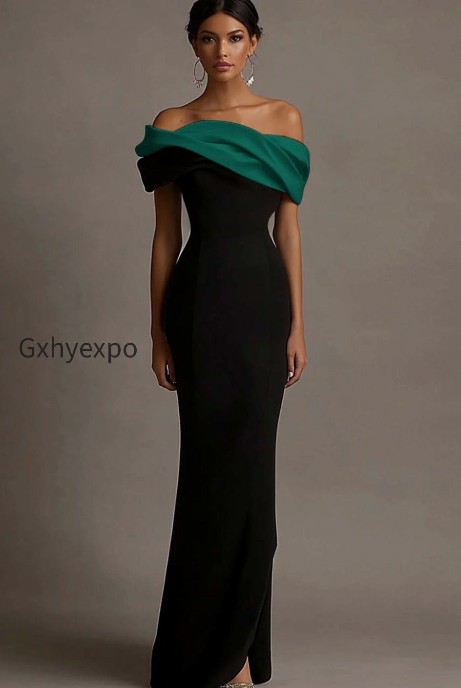 black-and-pink-satin-off-the-shoulder-sheath-long-evening-dress
