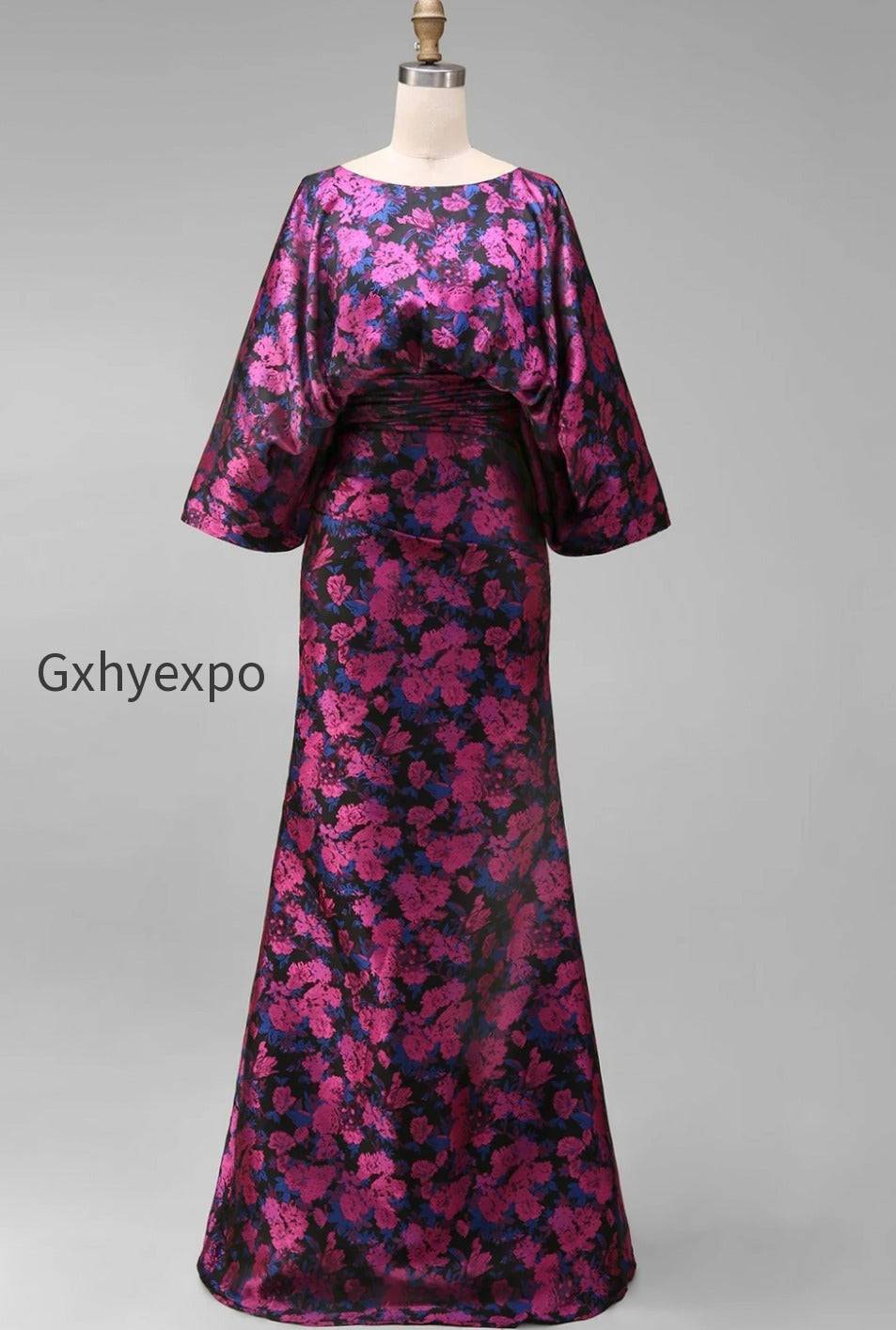 floral-fuchsia-sheath-ruched-long-mother-of-the-bride-dress-with-sleeves
