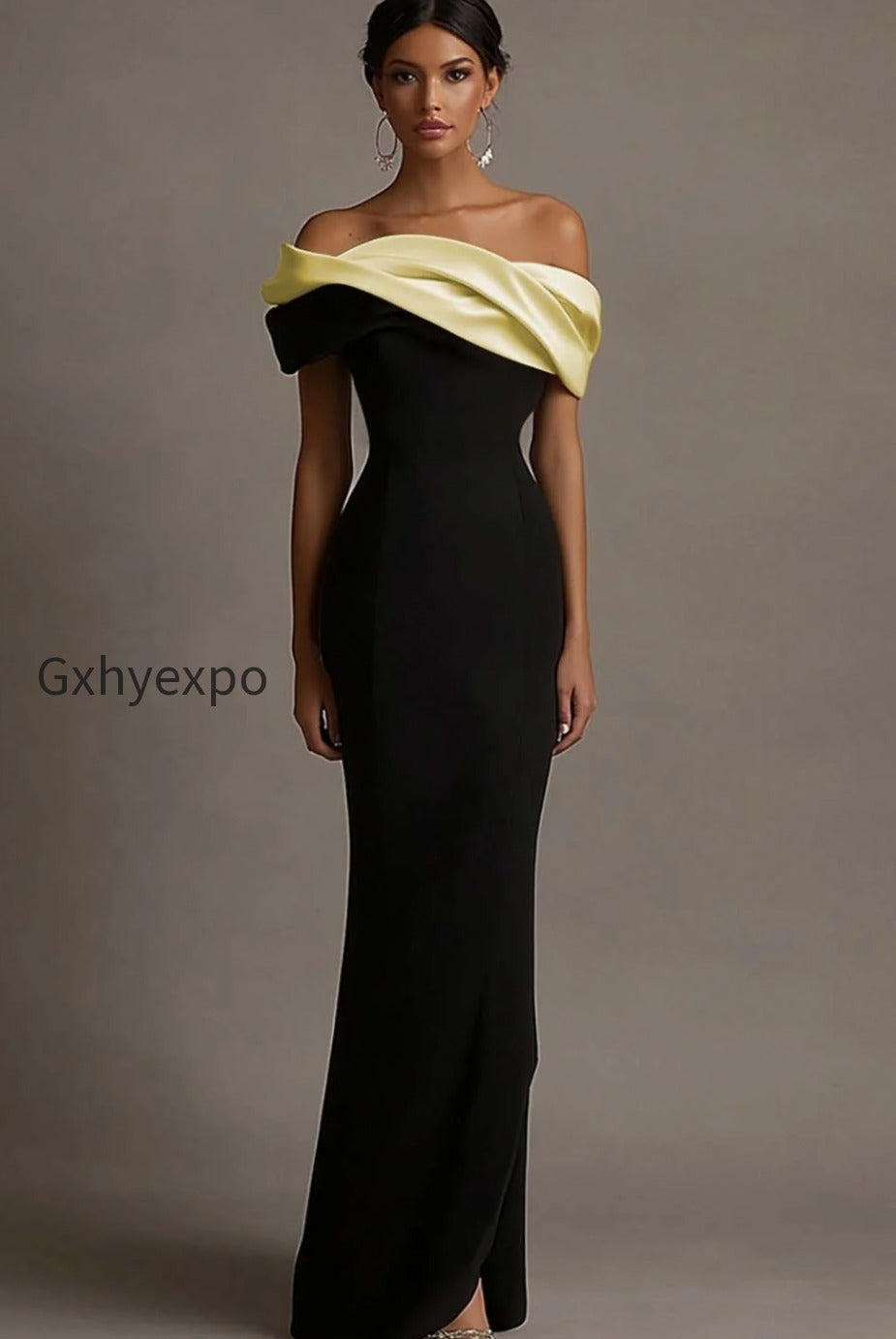 black-and-pink-satin-off-the-shoulder-sheath-long-evening-dress