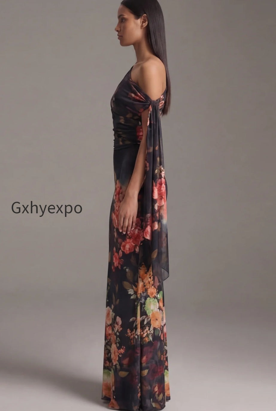 floral-ruched-maxi-black-mermaid-beach-wedding-guest-dress
