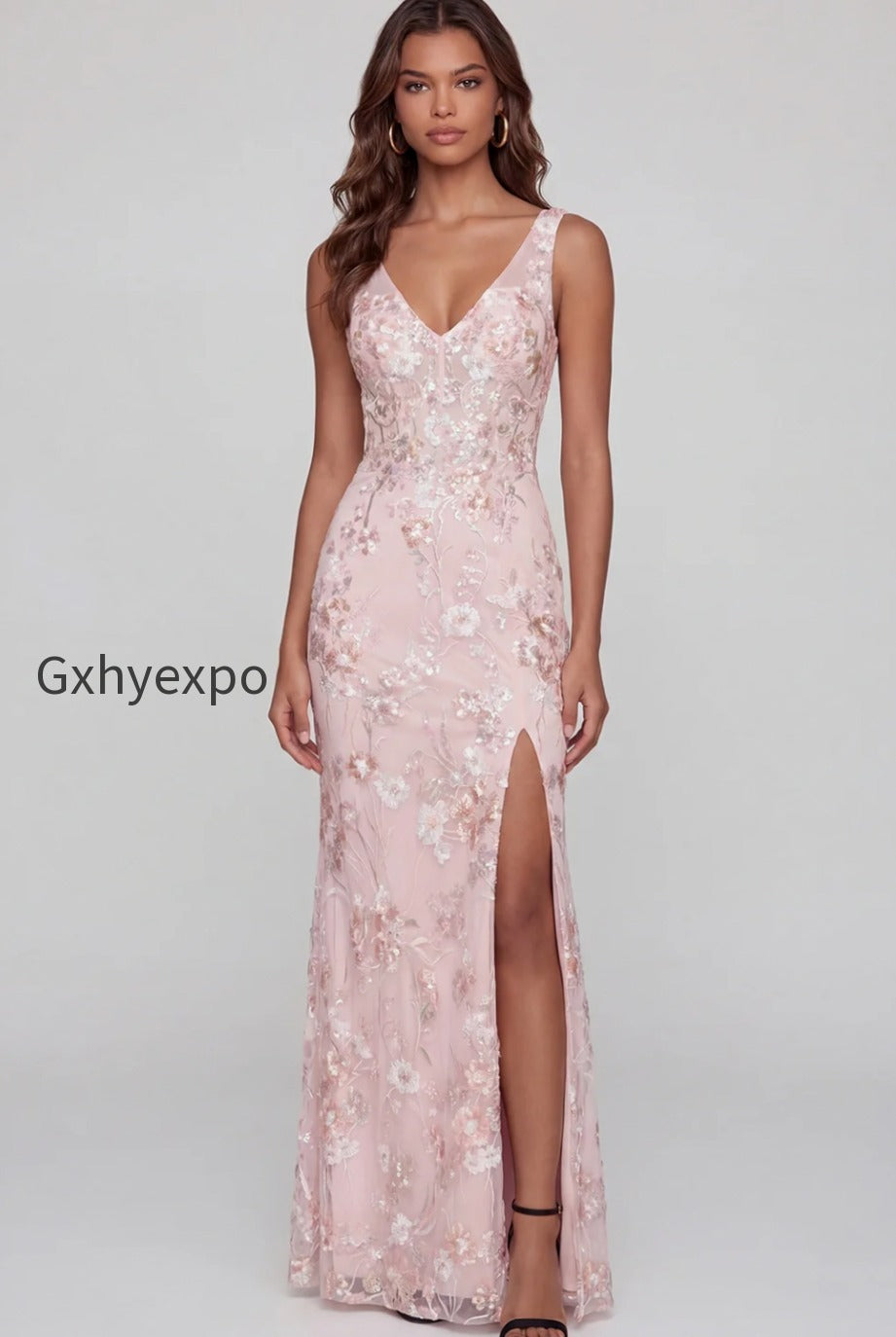 pink-floral-v-neck-mermaid-long-wedding-guest-dress-with-slit