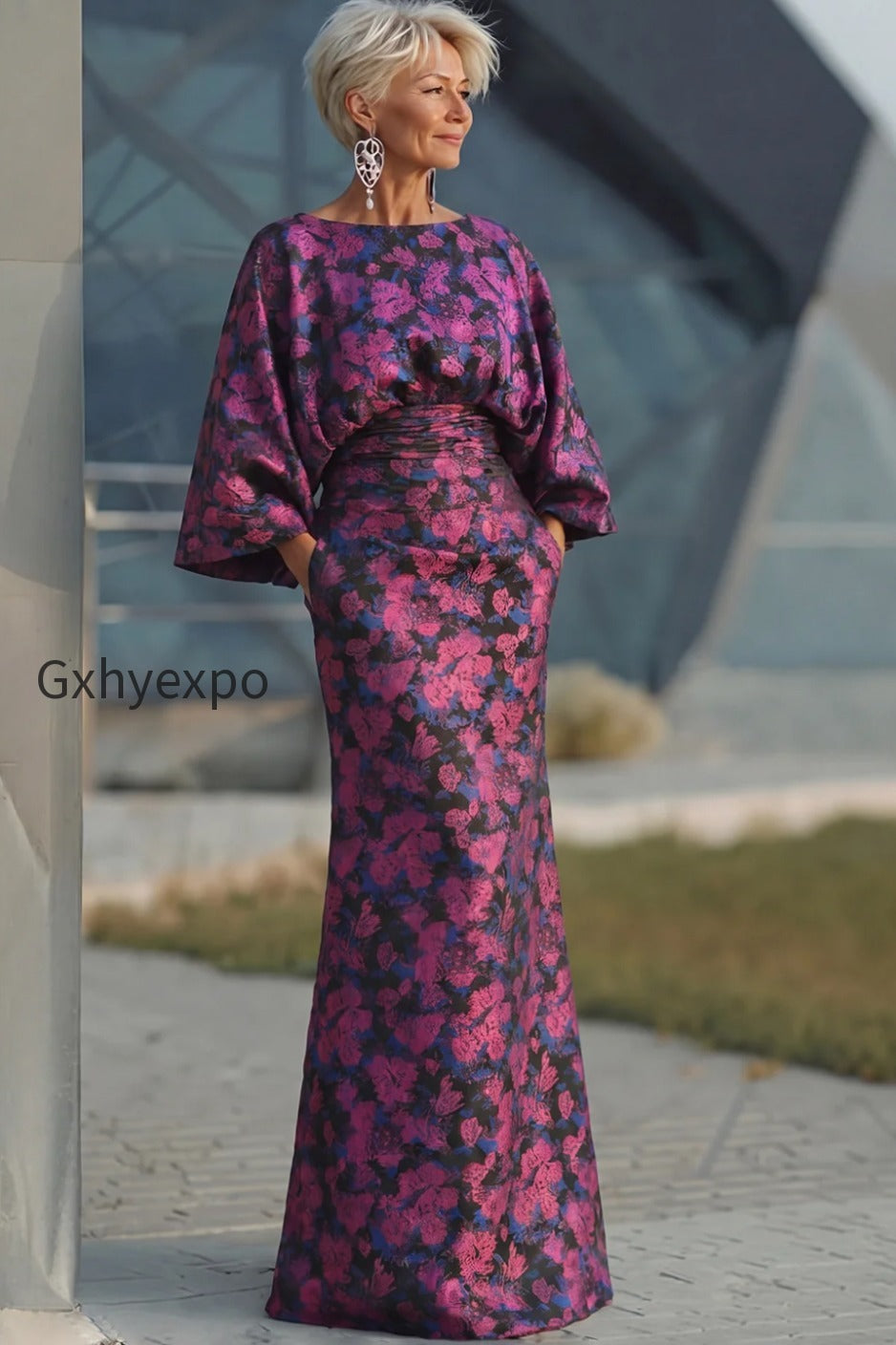 floral-fuchsia-sheath-ruched-long-mother-of-the-bride-dress-with-sleeves