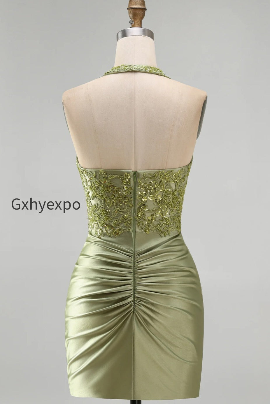 army-green-appliqued-ruched-halter-tight-short-corset-homecoming-dress