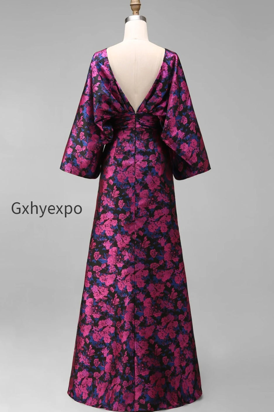 floral-fuchsia-sheath-ruched-long-mother-of-the-bride-dress-with-sleeves