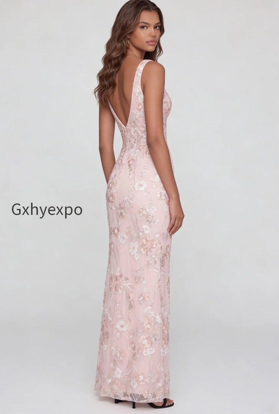 pink-floral-v-neck-mermaid-long-wedding-guest-dress-with-slit