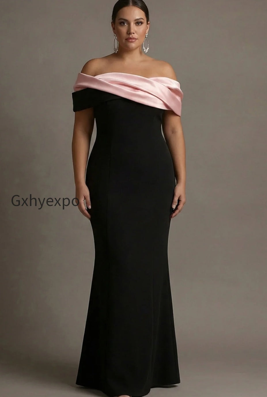 black-and-pink-satin-off-the-shoulder-sheath-long-evening-dress