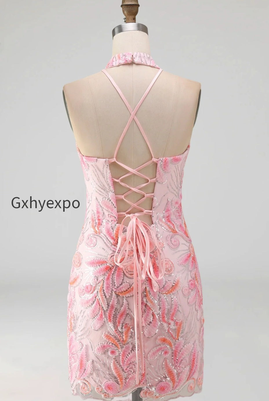 sparkly-pink-floral-halter-sequin-tight-short-homecoming-dress