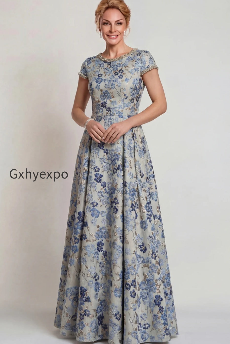 grey-blue-floral-jacquard-a-line-long-mother-of-the-bride-dress-with-sleeves