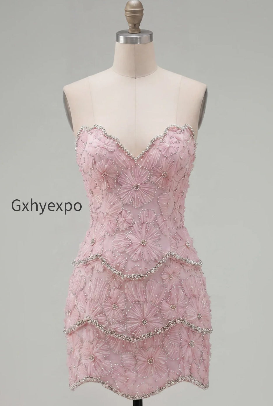 sparkly-pink-floral-tight-short-strapless-homecoming-dress-with-pearls