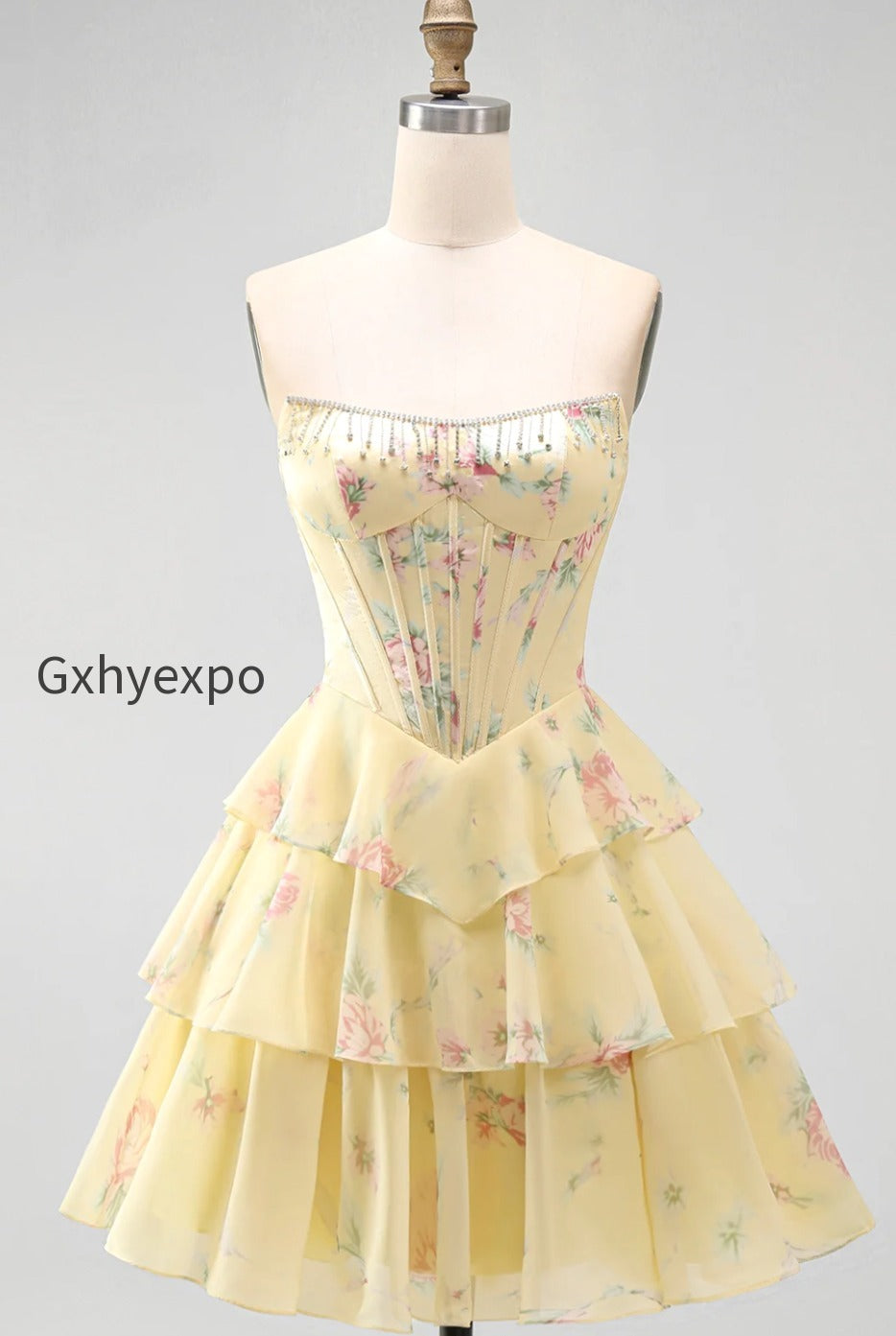 yellow-a-line-floral-corset-short-fringed-strapless-homecoming-dress-with-ruffles