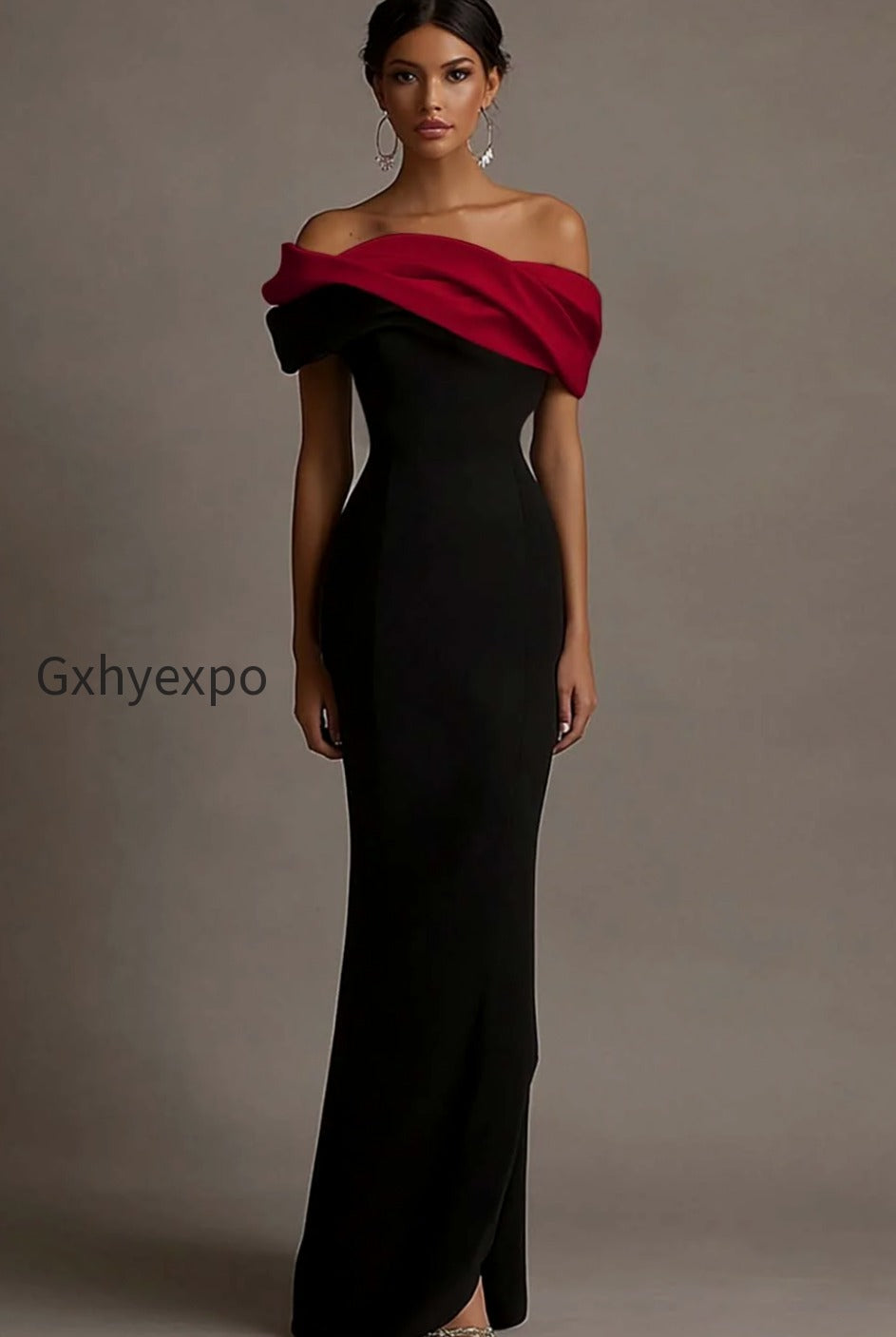 black-and-pink-satin-off-the-shoulder-sheath-long-evening-dress