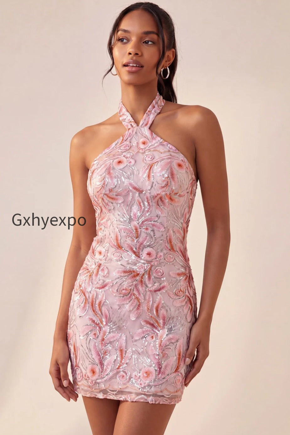 sparkly-pink-floral-halter-sequin-tight-short-homecoming-dress
