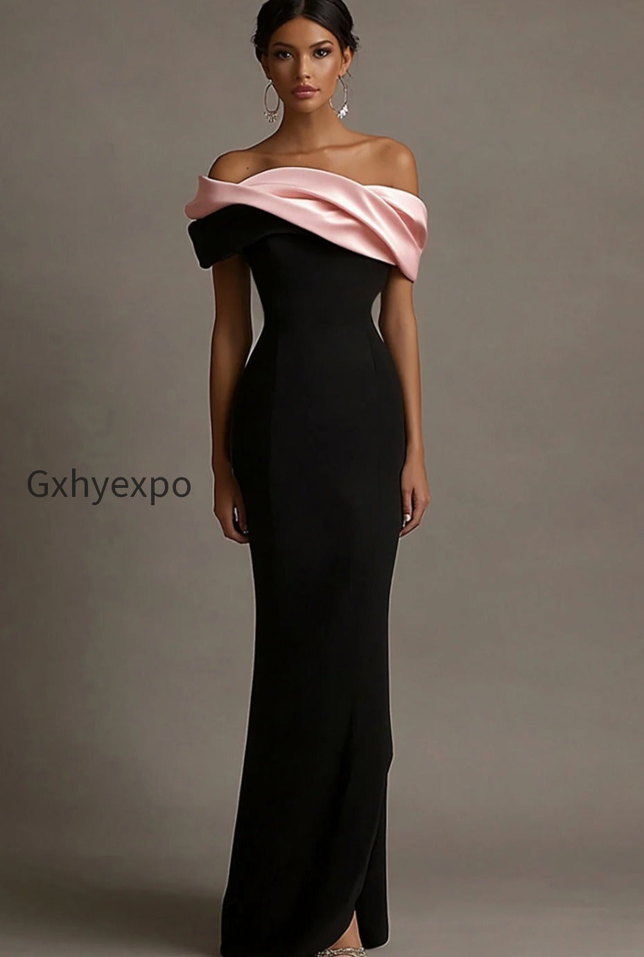 black-and-pink-satin-off-the-shoulder-sheath-long-evening-dress