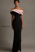 black-and-pink-satin-off-the-shoulder-sheath-long-evening-dress