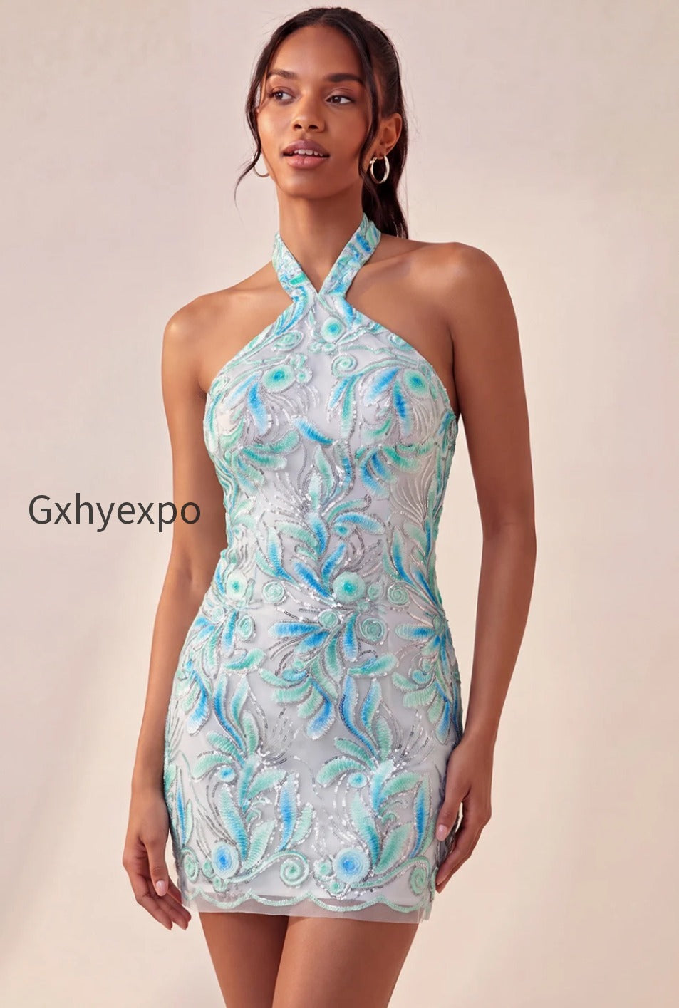 sparkly-pink-floral-halter-sequin-tight-short-homecoming-dress