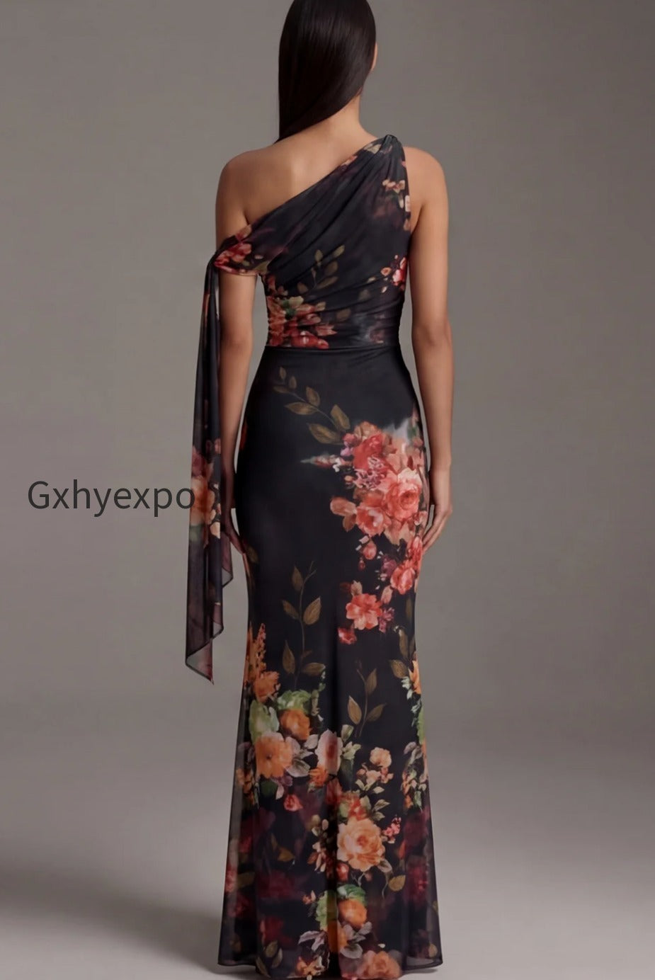 floral-ruched-maxi-black-mermaid-beach-wedding-guest-dress